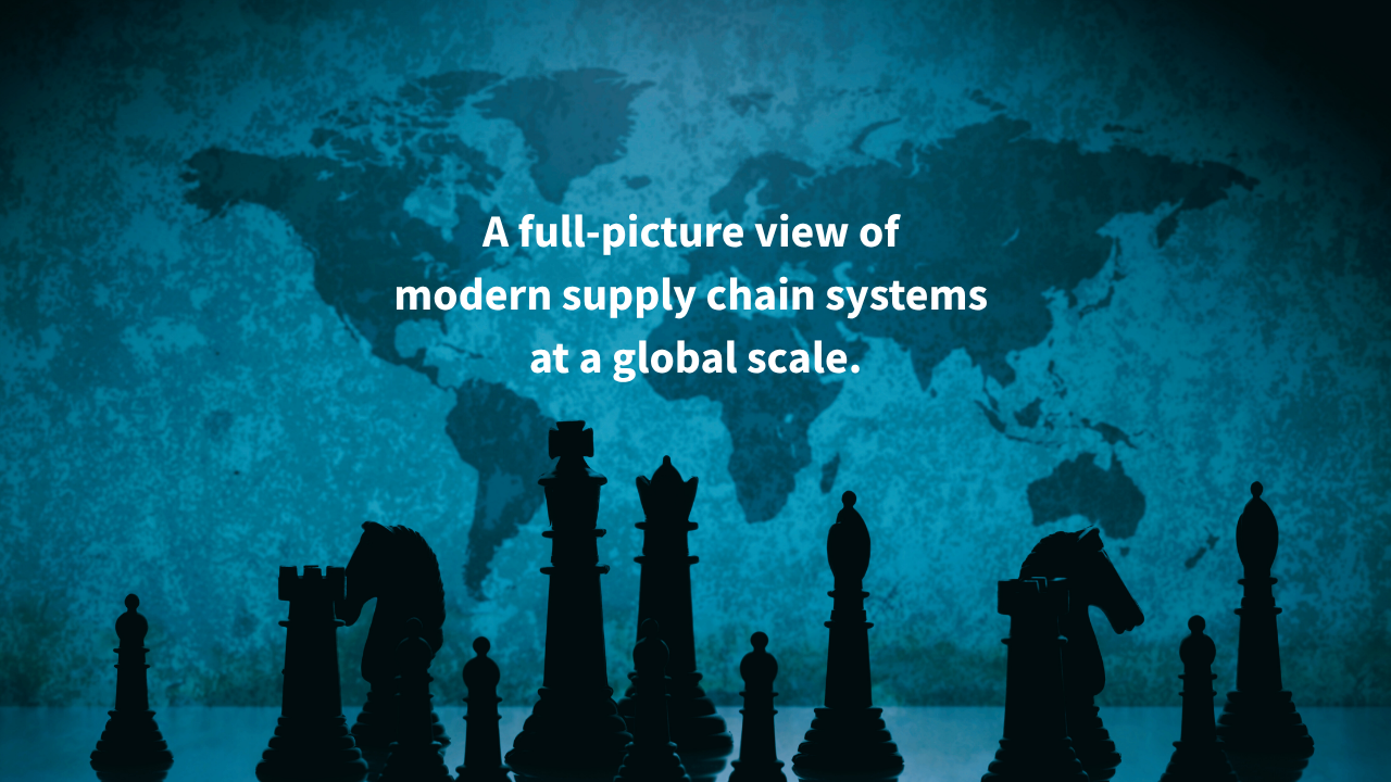 Global supply chain strategy concept illustrated with chess pieces in front of a world map, featuring text: ‘A full-picture view of modern supply chain systems at a global scale.’